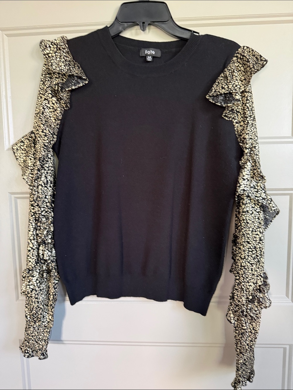 Fate Black Sweater with Cream Speckled Ruffle Sleeves